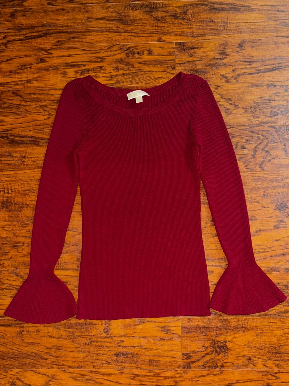 Michael Kors Ribbed Bell-Sleeve Blouse Deep Red Crimson Flared Long Sleeve Top